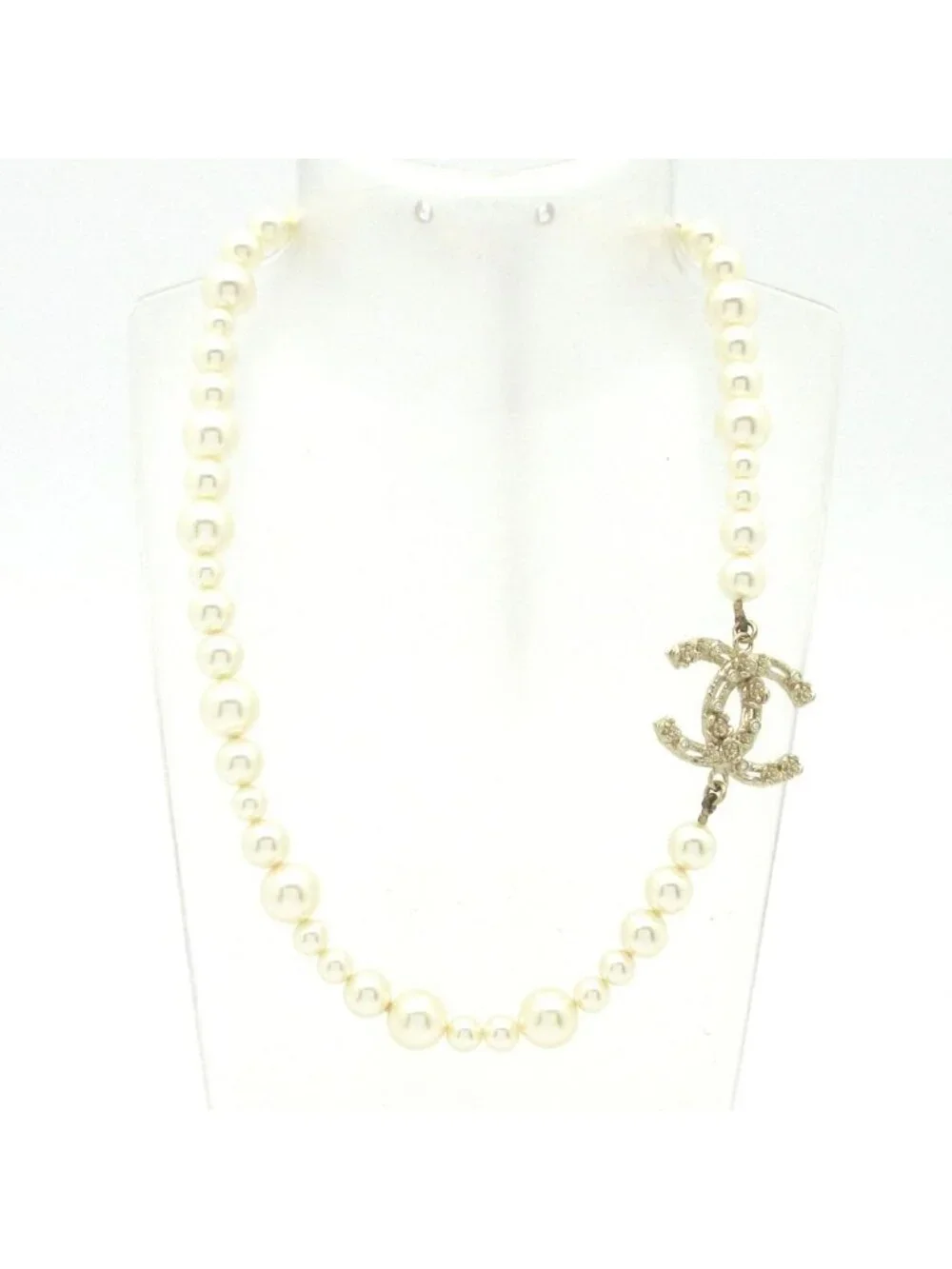 Chanel Necklace CC Logo Ivory Gold Clear Camellia